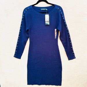 NWT‎ Lauren Ralph Lauren Sweater Dress Sheath Lace-up Sleeves Navy Blue PXL